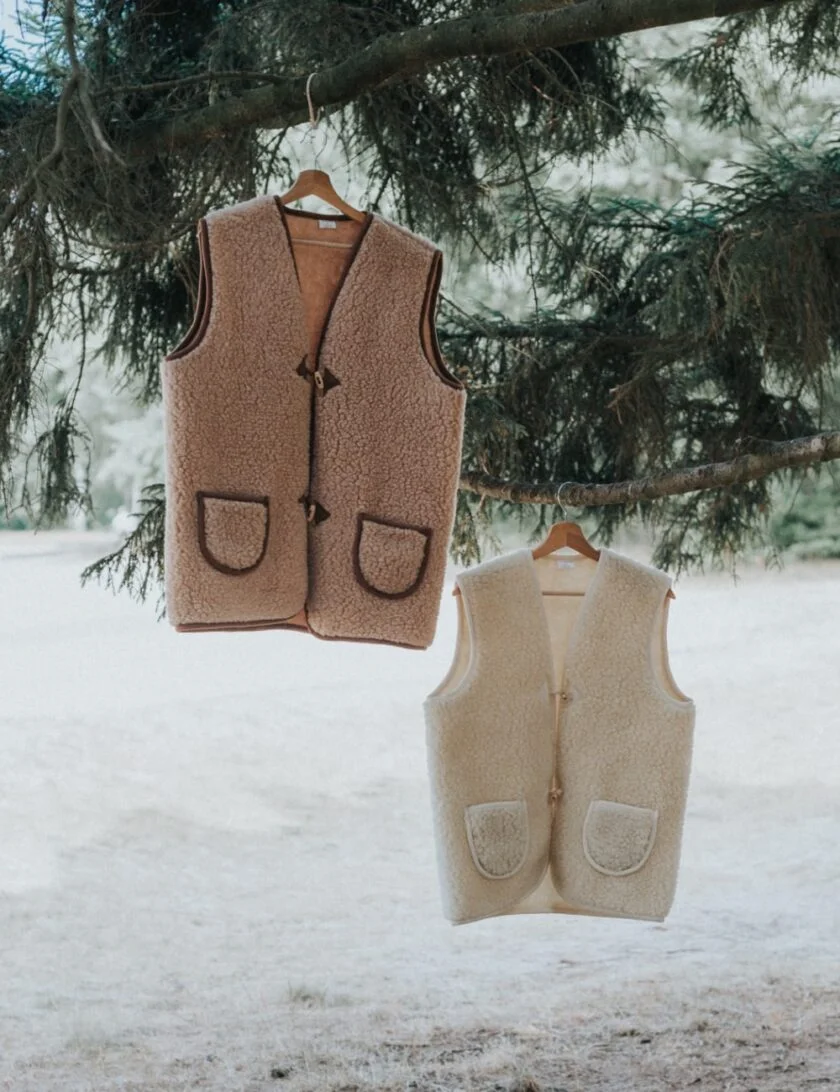 Dames bodywarmer van wol - Bodywarmer bruin en wit wol buiten voorzijde - BOD/UNI/DTC/BRU/M